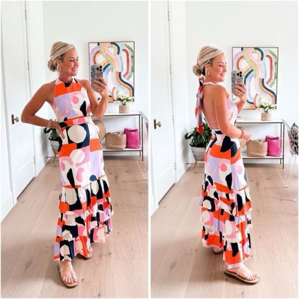 Venita Aspen Gianni Bini Andrea Abstract Print Halter Maxi Dress
